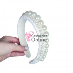 Bentita deosebita pentru par din catifea cu Perle Albe BTP018OO - Crem